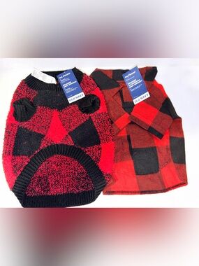 Old Navy Red Black Buffalo Plaid Pet Sweater and Flannel Set Small 2pk